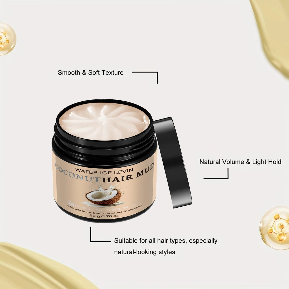 Water Ice Levin Coconut Hair Mud 24H Long Last Medium Strong Hold Water Based Styling Paste 50g