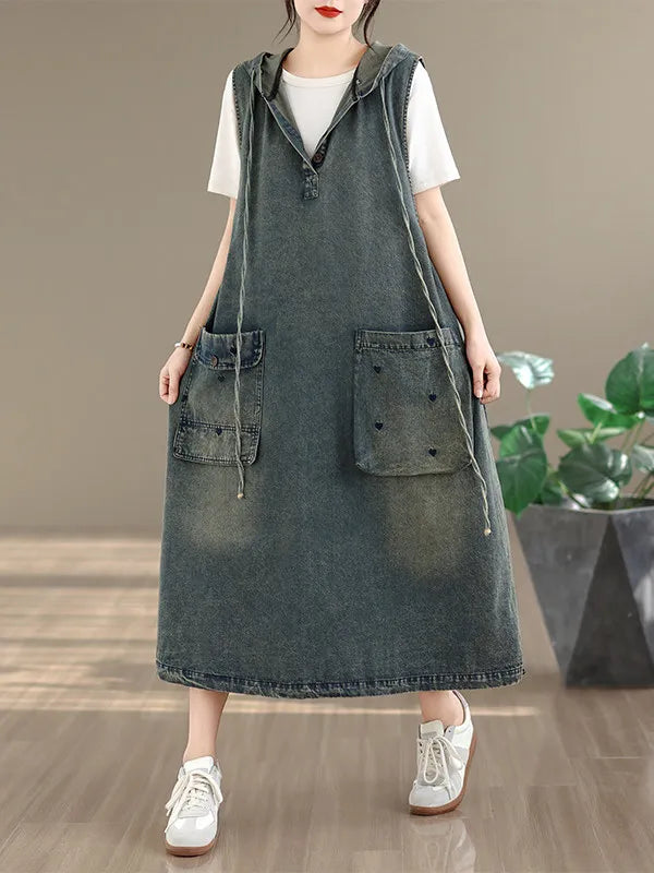 Original Denim Suspender Dres for Women Summer Fashion Vintage Big Pocket Mid-long Frocks Female Hip Hop Baggy Streetwear