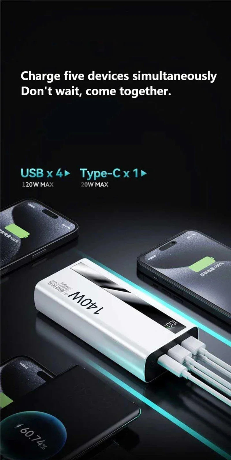 Lenovo 140W Super Fast Charging Portable Power Bank 500000mAh CCC Certified Battery Digital Display External Charger for Xiaomi