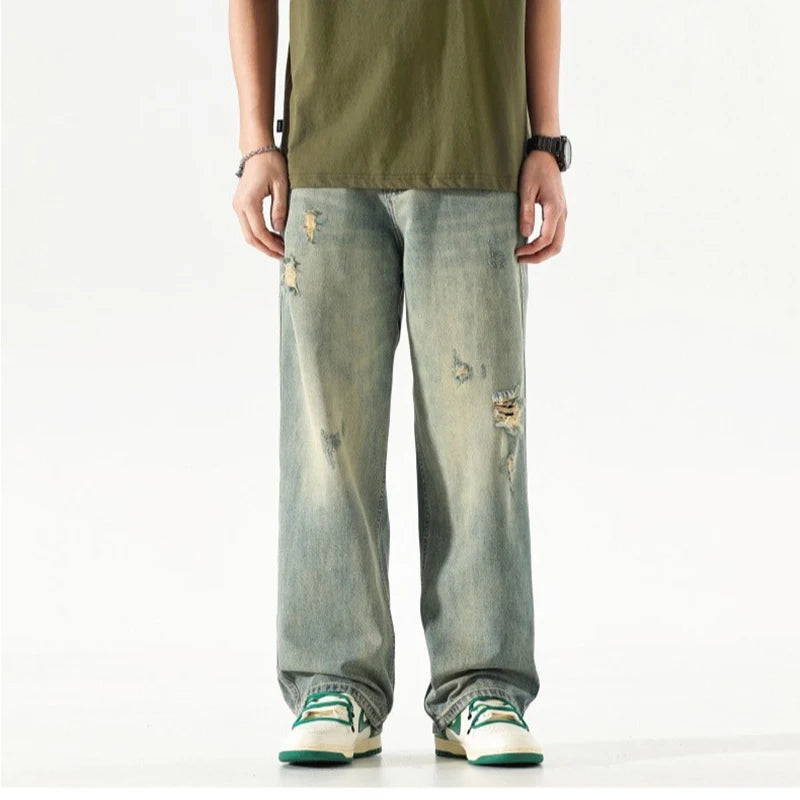 New Fashion Men Ripped Loose Straight Leg Jeans Male American Style Vintage Trend Streetwear Denim Pants Daily Casual Trousers