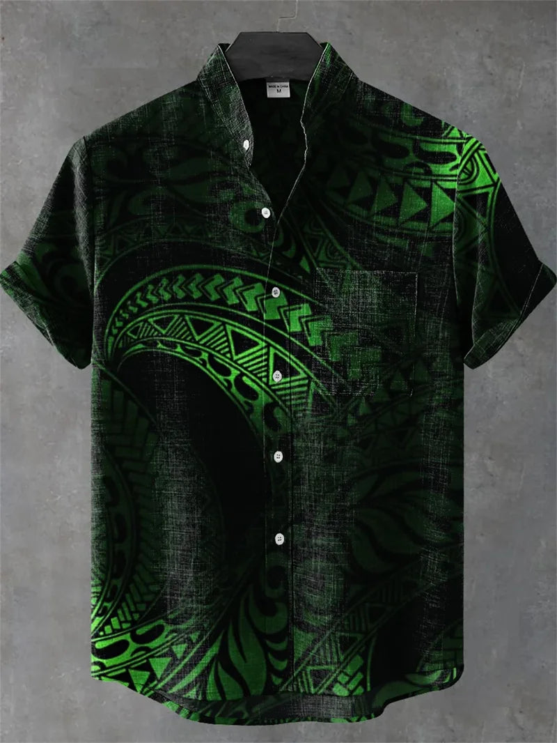 Men's Vintage Art Shirt Vintage Abstract Geometry World Tree Print Short Sleeve Linen Casual Shirt Men's Holiday
