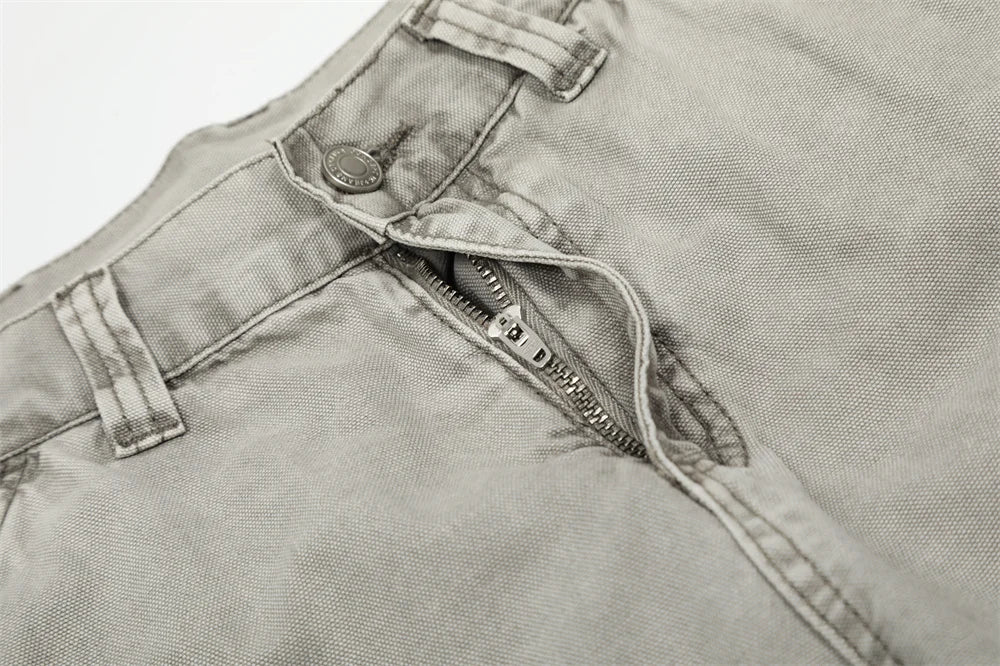Multi-Pocket Cargo Jeans Mens Retro High Street Washed Distressed Straight Wide Leg Trousers Men