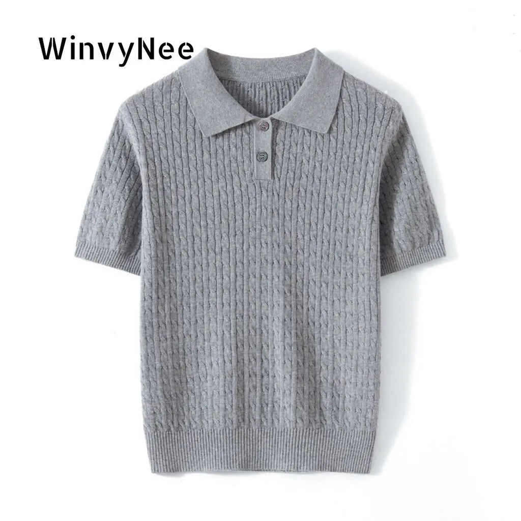 WinvyNee Women Cotton T-shirt Summer Short Sleeve Blue Solid Slim Fit Y2k Polo Collar Casual Pullovers Clothing Basic ZA1523009