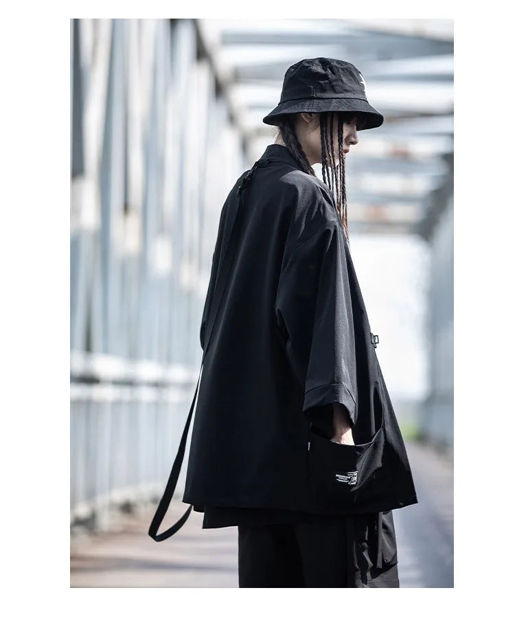 2023 Ribbon Hip Hop Punk Techwear Kimono Oversized Shirts Mens Japan Style Harajuku Casual Cargo Shirt Cloak