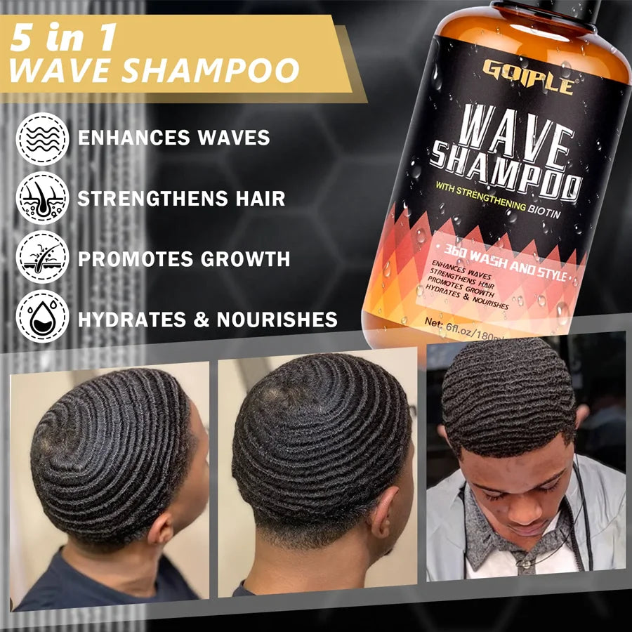 GOIPLE 180ml Wave Shampoo Deep Clean or 113g 360 Style High Shine Hair Pomade Strong Hold Layered Control Wavy Wax Cream for Men