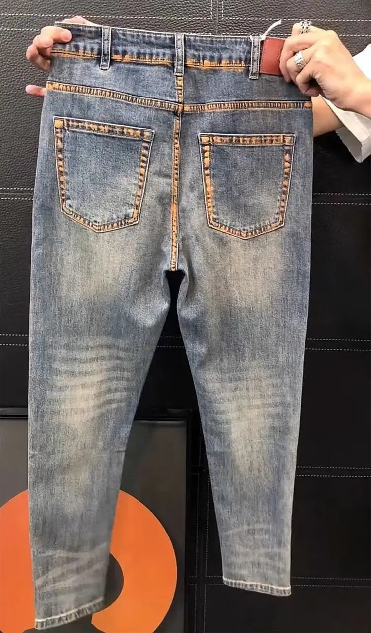 High-quality Jeans Men Italy Luxury Washed Blue Jeans Men's Summer New Business Trend Slim-fit Elastic Trousers Cowboy Pants Man
