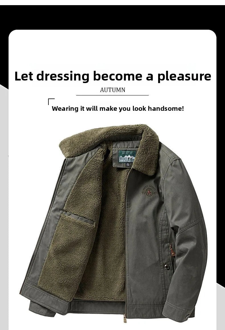 Autumn Winter Men's Cotton Thick Warm Fleece Jackets Stand Collar Fleece Lined Outdoor Workwear Warm Casual Style New Arrival
