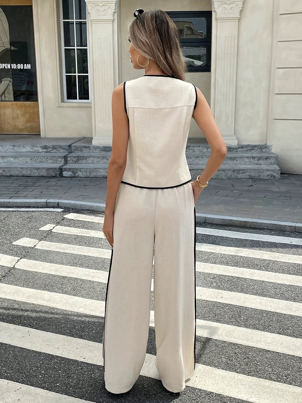 2026 New women Vest Top + Pant Suit Summer Women Contrast Color Sleeveless Single Breasted Vest + Drawstring Pants Two Peice Set