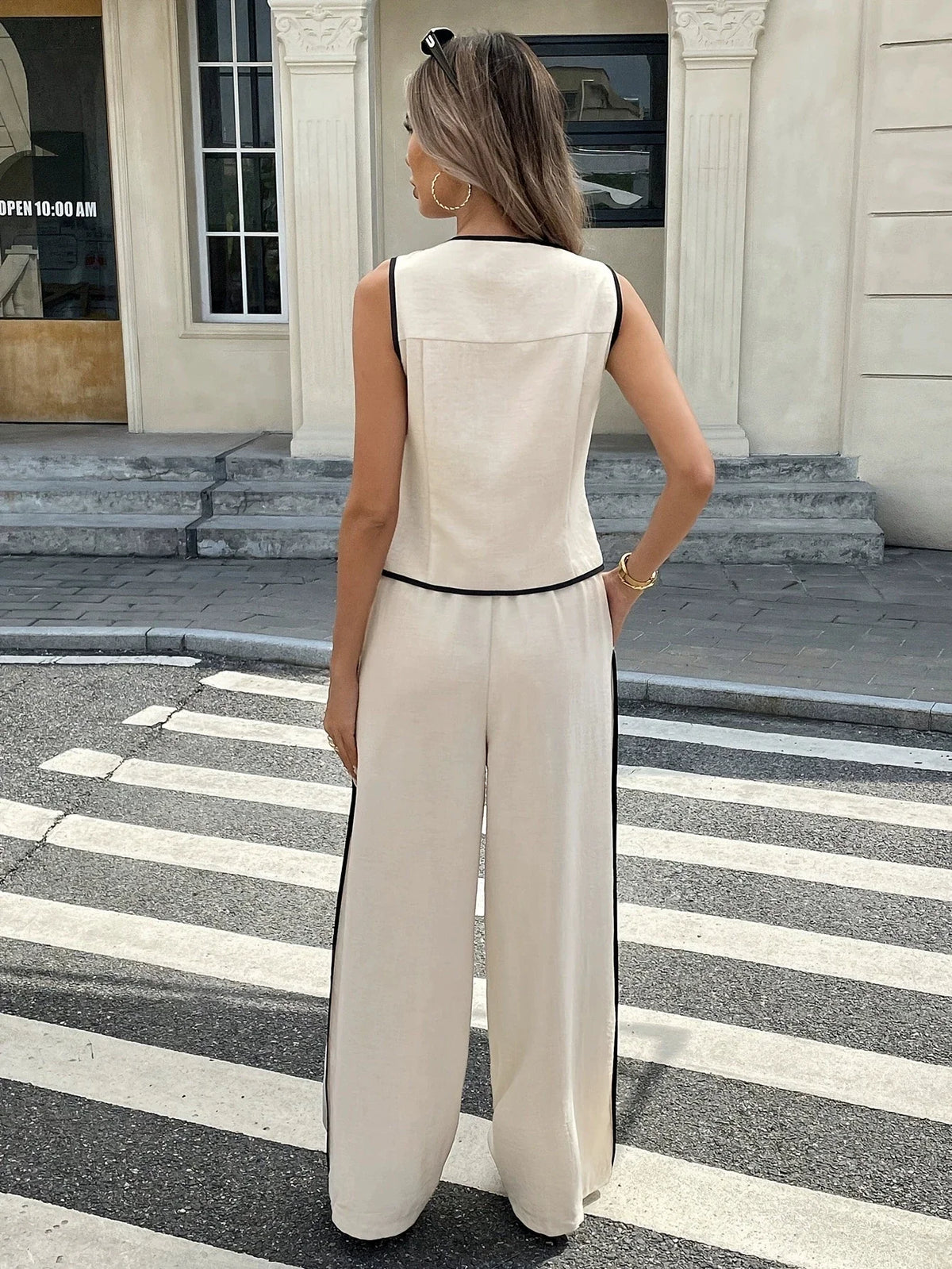 2026 New women Vest Top + Pant Suit Summer Women Contrast Color Sleeveless Single Breasted Vest + Drawstring Pants Two Peice Set