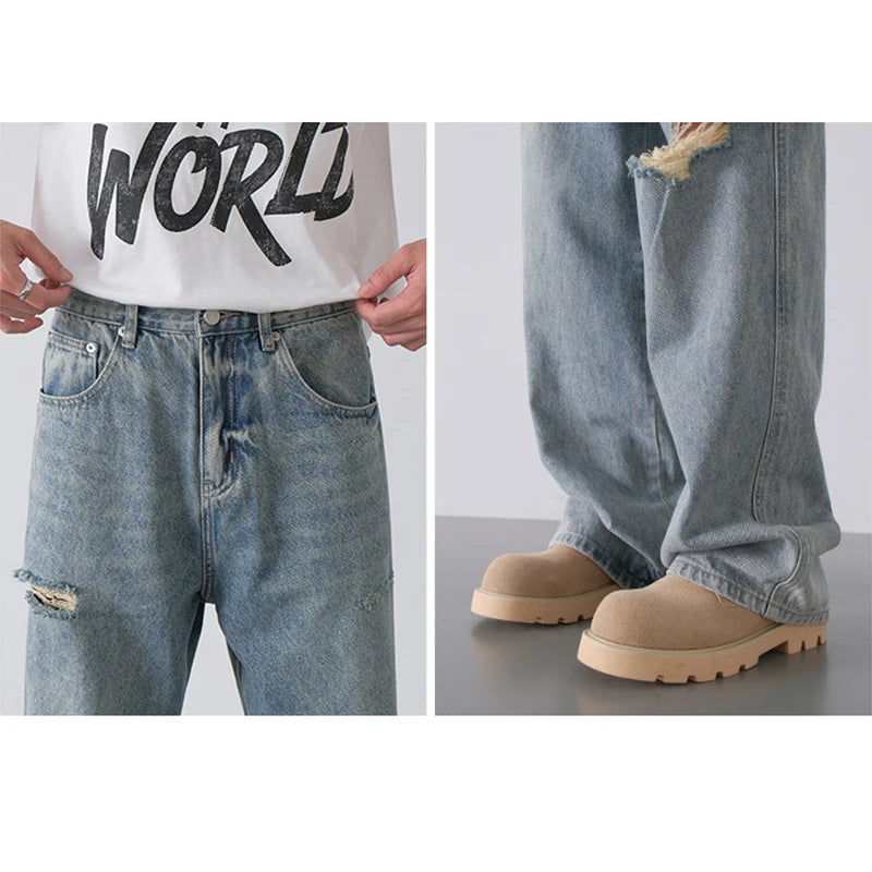 2026 Spring Summer New Men Baggy Ripped Straight Leg Wide Leg Jeans American Style Vintage Trend Male Versatile Denim Trousers