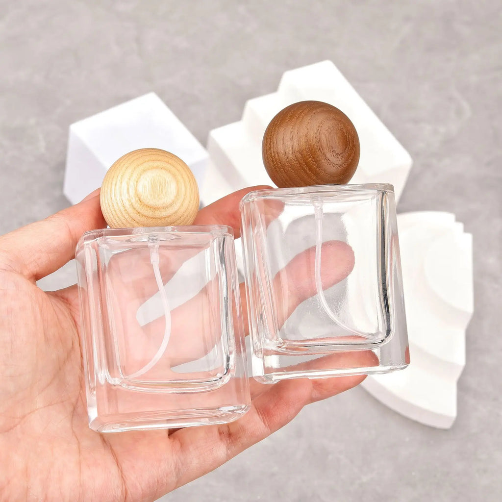 30ml 50ml 100ml Perfume Bottle Glass Line Mist Perfume  Atomizer Wood Lid Empty Sprayer Bottle Cosmetic Containers Travel Bottle