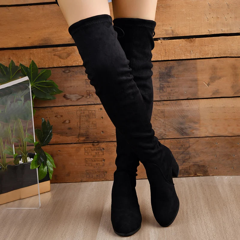 Autumn Winter Stretch Slim Long Boots Women Thick Heels Over The Knee Boots Woman Lace Up Platform Thigh High boots