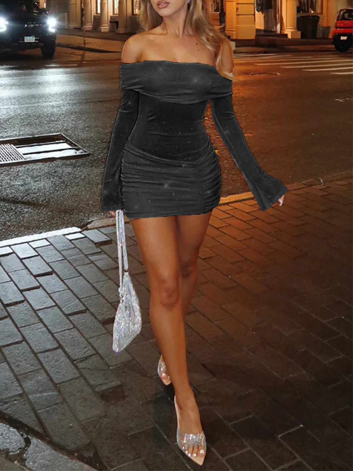 Women's Sexy One-Shoulder Sparkling Mini Dress, Elegant Evening Gown, Party Wedding Guest, Fashion Fall Collection