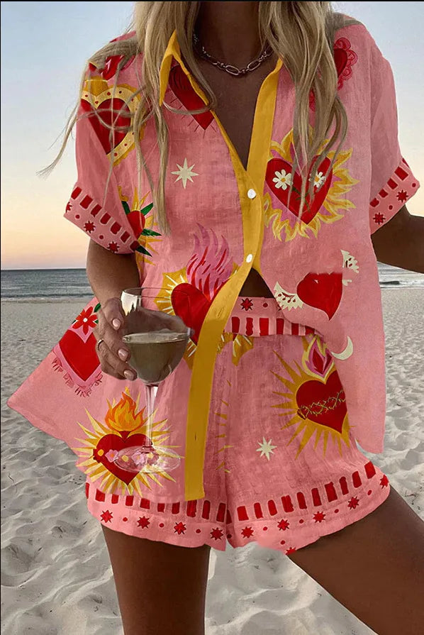 Personalized and Vibrant Beach Style 3D Digital Printed Loose Thin Shirt Casual Summer Women's Top Shorts Two-piece Set