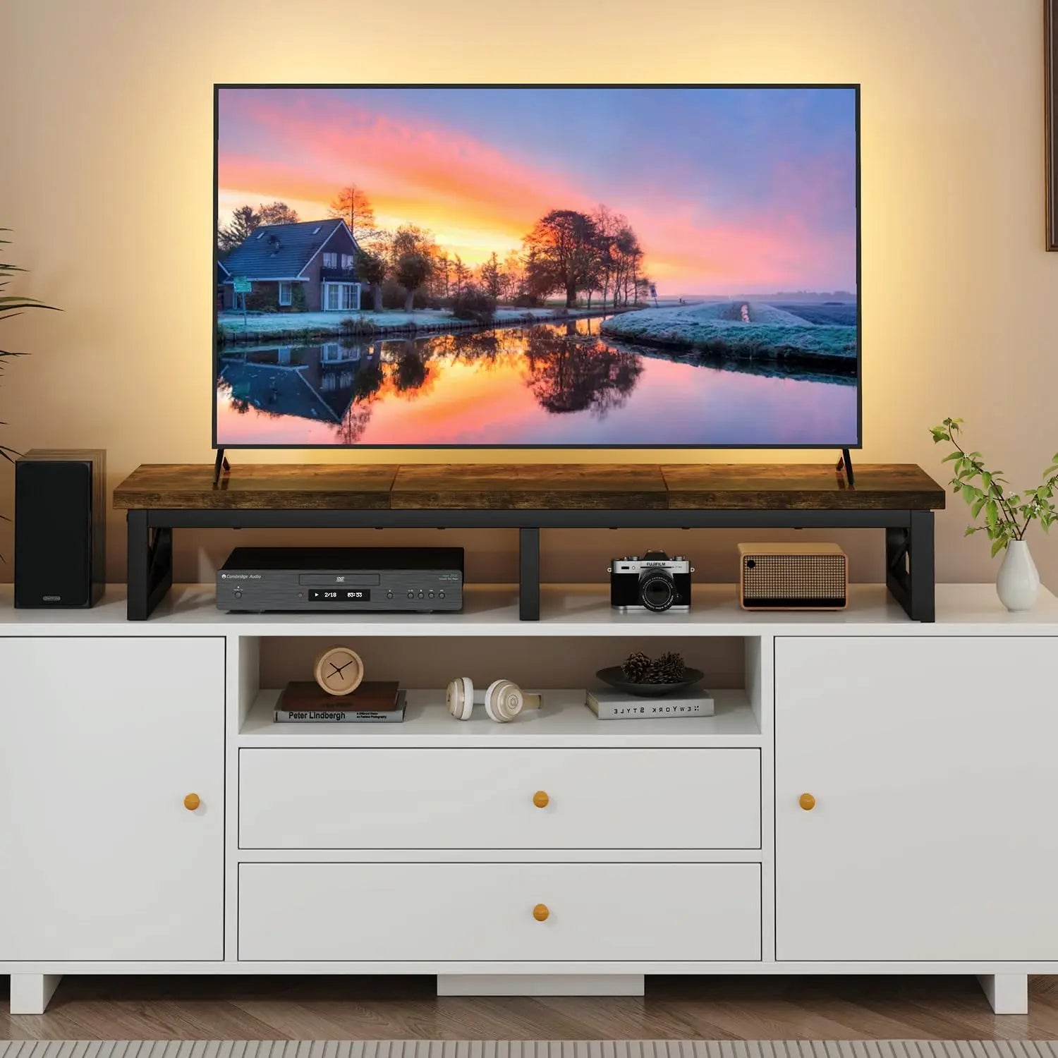 45" Large TV Riser for 32-60 inch TV,Tabletop Short TV Stand with Storage and Steel Legs,Dual Screen Office Desk,Stand R