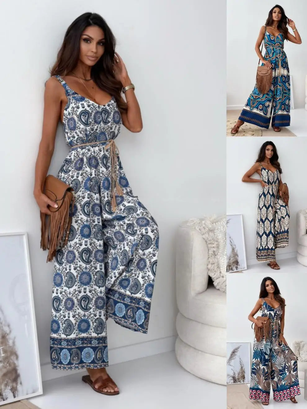 Elegan V-neck High Waist Jumpsuit Women's Fashion Pattern Print Loose Long Romper Causal Sleeveless Wide Leg Playsuit Women