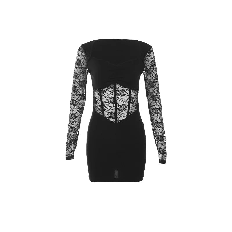Sylcue Black Mysterious Sexy Lace Stitching Mature Beautiful Sweet Gentle Women'S Winter Long Sleeve Hip Short Dress