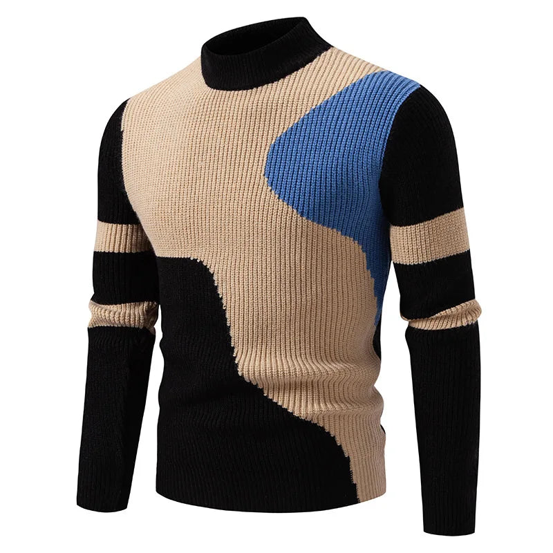 High Quality Men's New Autumn Winter Sweaters Casual Warm Mock Neck Pullovers Trend Color Blocking Design Men Sweaters Knit Tops