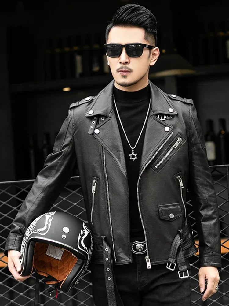 Cool Black Leather Biker Jacket Men Zipper Long Sleeve Belt Plus Size European Fashion brand leather jackets Spring Autumn Short