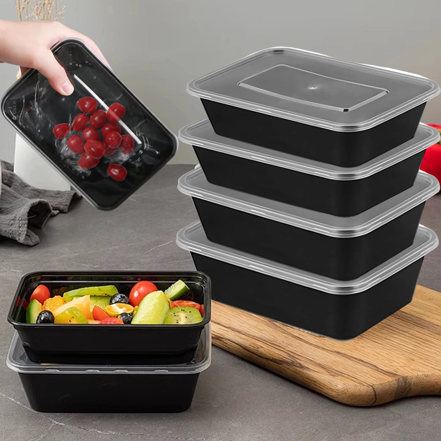10/30pcs Disposable Food Containers Black Plastic Salads Sandwiches Lunch Box with Lids Home Kitchen Refrigerator Storage Boxes