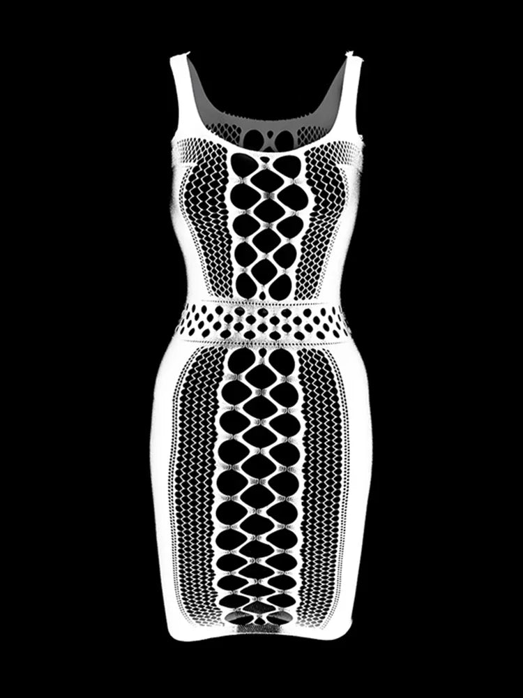 Women Fashion One-piece Bodycon Dress Ladies Erotic Fishing Net See Through Hollow Tight Lingerie Sexy Transparent Short Skirt