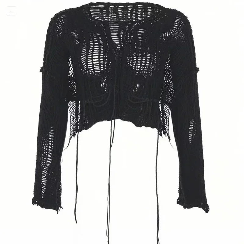 Sexy White Slash Neck Grunge Knitted Women's Sweater Hole Ripped Pullover Crop Top Harajuku Hollow Out Fashion Summer Jumpers