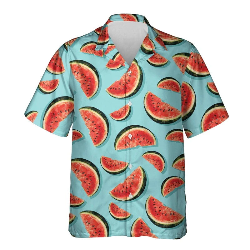 Tropical Fruit Watermelon Graphic Hawaii Shirt Summer Street Short Sleeves 3D Printed Fruits Button Shirts Men Lapel Blouse Tops
