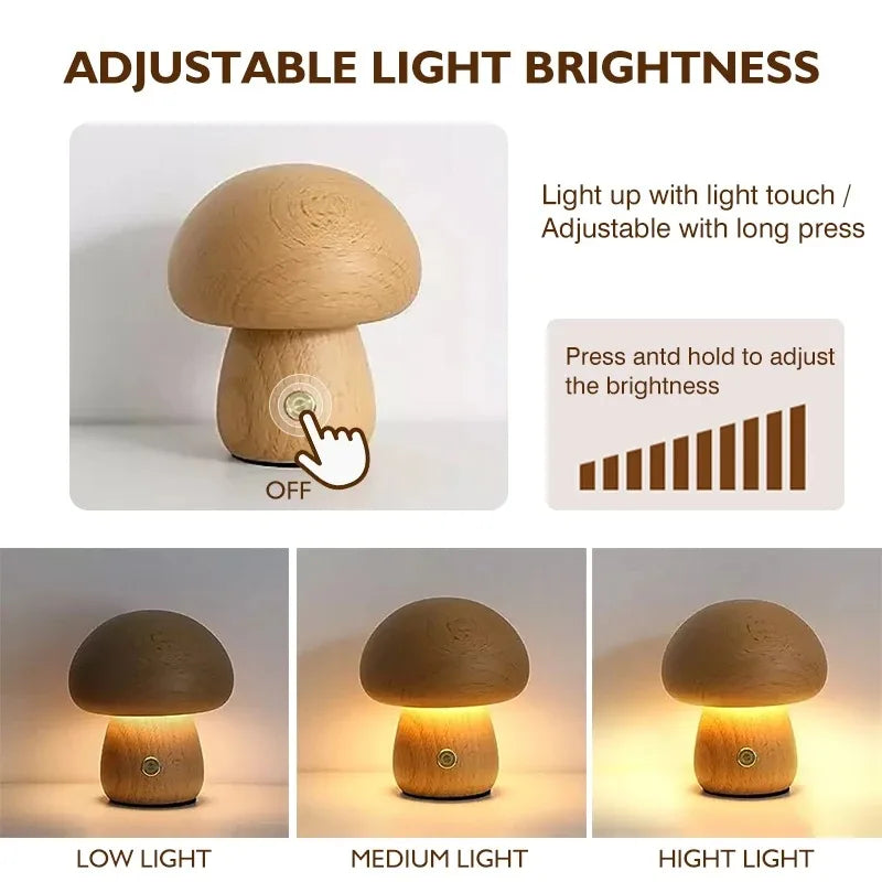 Mushroom Table Lamp Rechargeable Touch Portable Bedroom Bedside Night Light Cute Small Dimmable Desk Lamp for Home Decoration