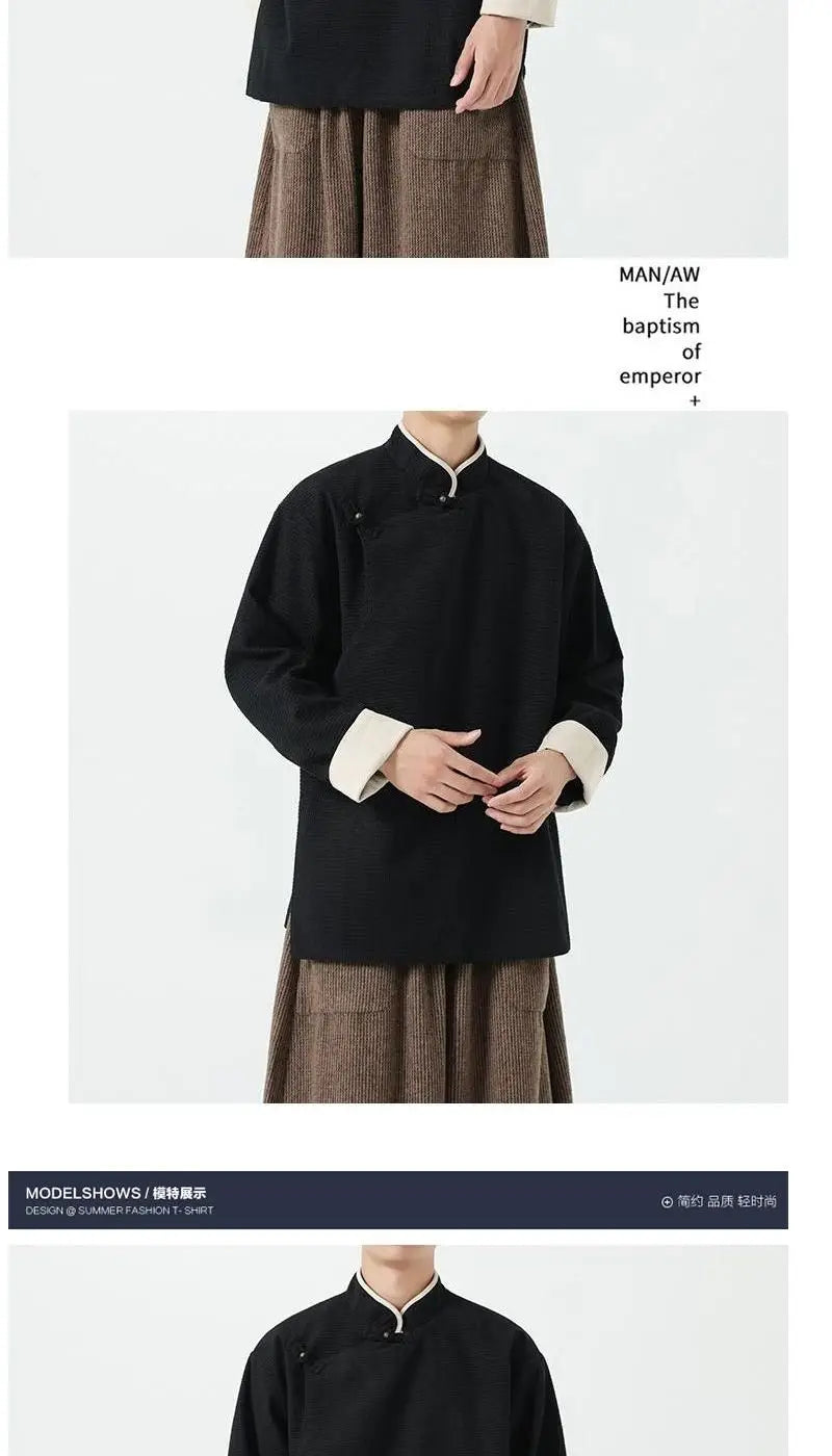 Autumn Winter Chinese Style Blouse Long-sleeved Jacket Men's Chinese Tang Suit Hanfu Lay Buddhist Zen Suit Tea Suit Slanted Top