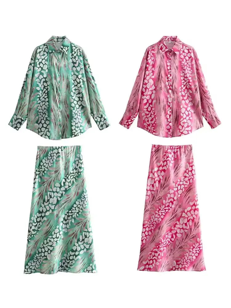 HH 2025 Spring Women Fashion 2 Piec Suits Satin Lapel Loose Woman Shirt Top + Vintage Folds Holiday Style Female Skirt