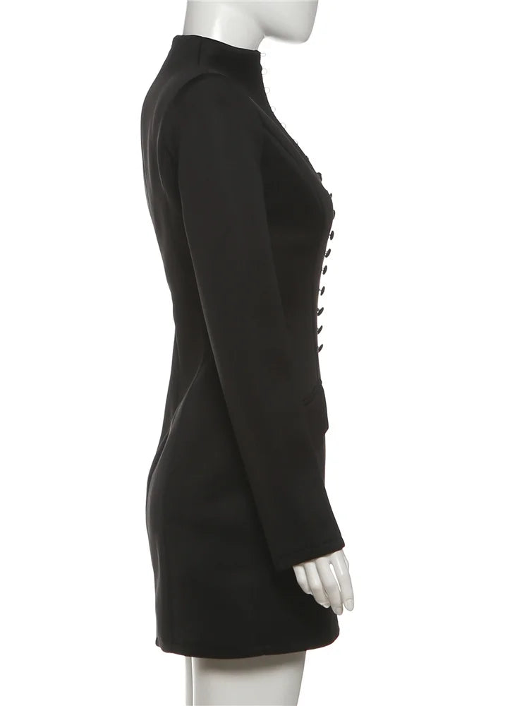 Nibber Elegant Fashion Office Style Dress Woman Button Pocket Decoration Stand Collar Simple Full Sleeve Casual Mini Bodycon