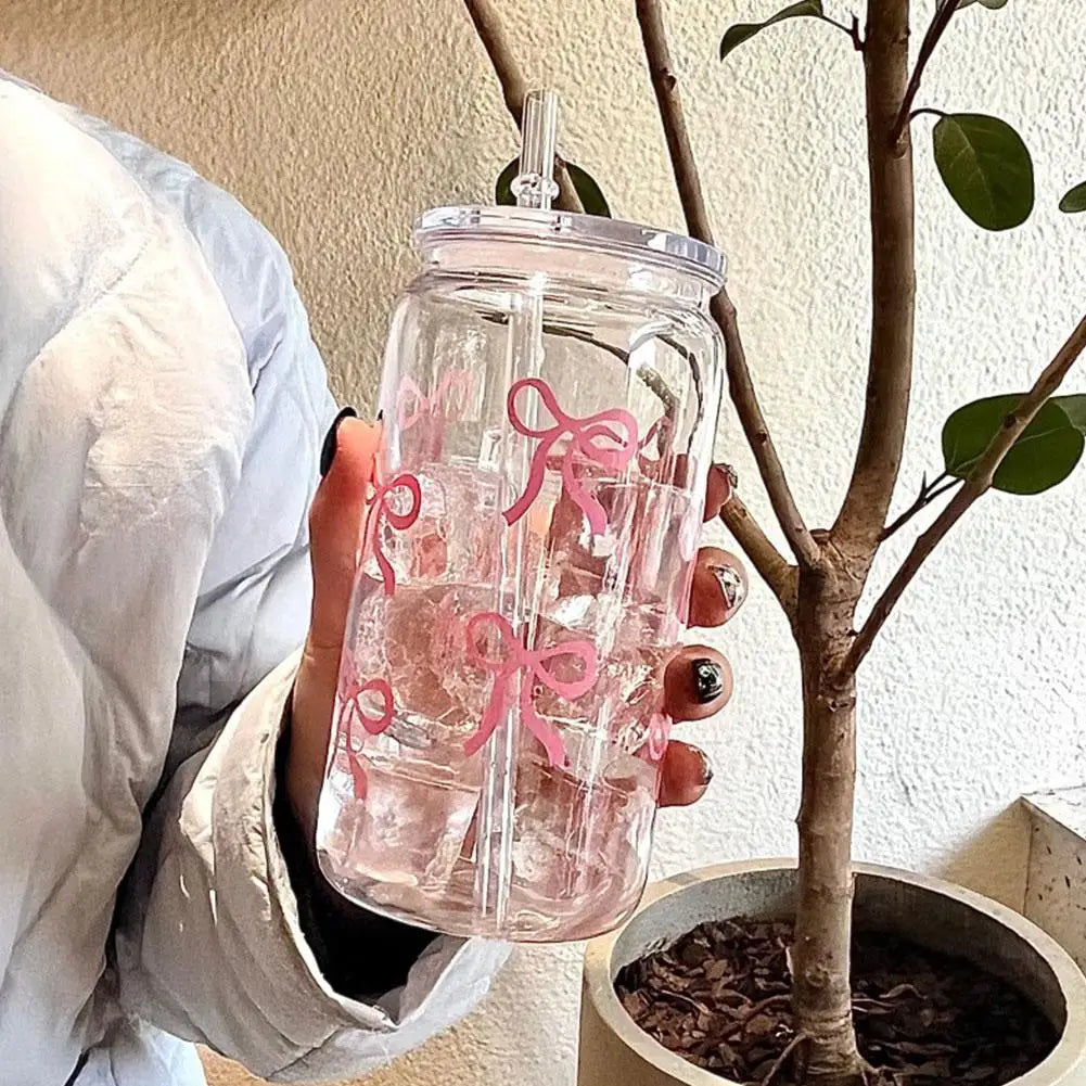 500ml Pink Bow Plastic Cups With Lids And Straws Reusable Bow Aesthetic Cup For Drinking Coffee Tea Cocktail For Party Support