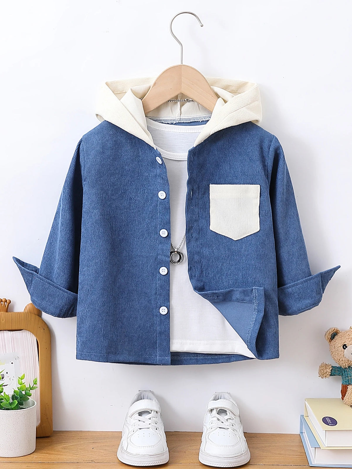 Autumn Boys' Fashionable Casual Hooded Long-Sleeved Button-Up Color-Blocked Shirt