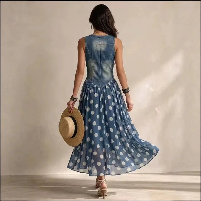 Fashion Print Denim Style Top and Polka Dot Skirt Matching Set