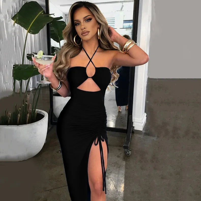 Solid Color Neck Hanging, Pleated High Slit Sexy Dress Birthday Party Dinner Party Sexy Elegant Fashionable Dress