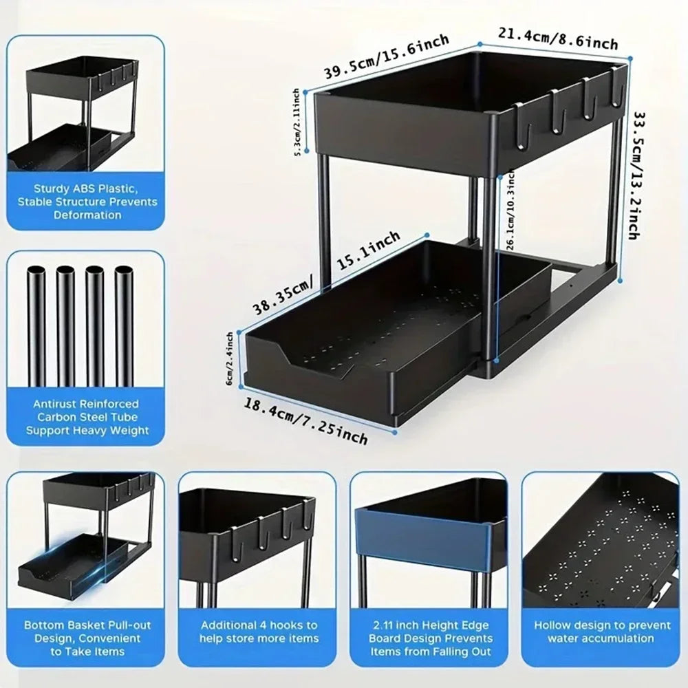 2-Tier Under Sink Organizers and Storage, Sliding L-shape Under Bathroom Kitchen Cabinet Organizers Narrow Space Sink Organizer
