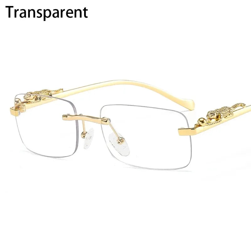 Unisex Luxury Rimless Square Sunglasses - Brand Designer Leopard Head Metal Shade Eyewear Travel Driving