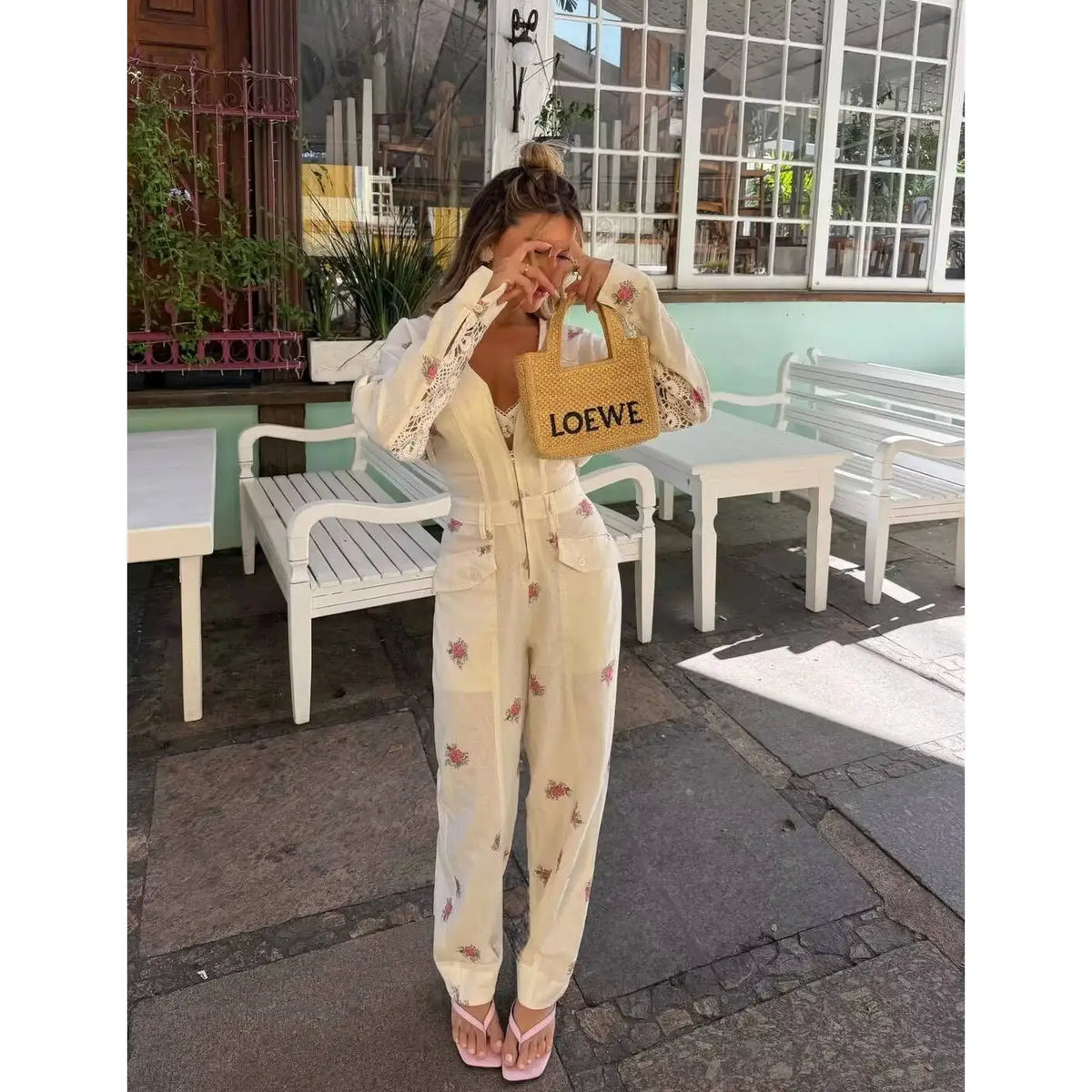 Early Autumn New Fashion Design Printed Long Sleeve V-Neck Zipper Onesie Women's High Waist Straight Leg Pants Suit