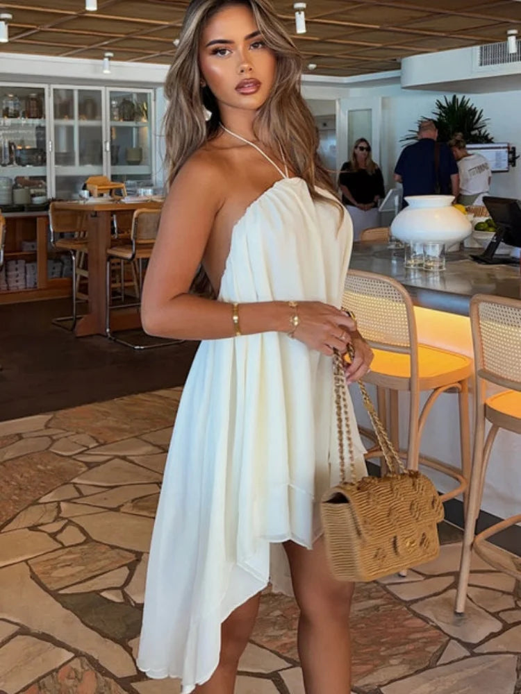 French Romantic White Halter Neck Mini Dress Women Elegant Sleeveless Chiffon High Low Hem Gowns Summer Bridal Shower Party Wear