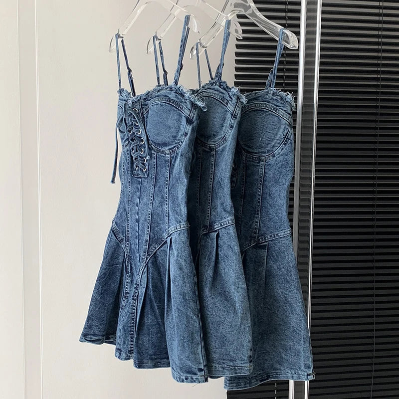 Sexy Mini Spaghetti Strap Lace-Up Jeans Dress Women 2024 New Trendy Summer Girls Dress Fashion Ripped Tassel Denim Dress Female