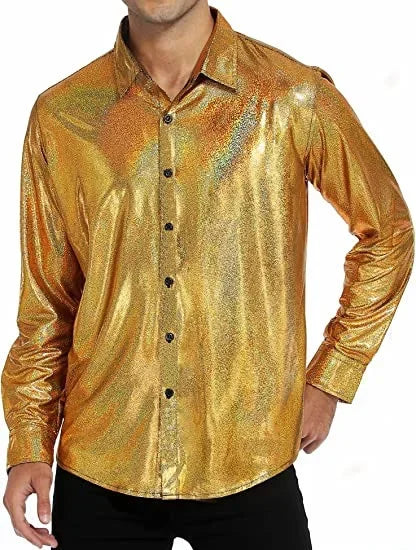 Metallic Shiny Polyester Dress Shirts for Men Black Solid Gold Red Silver Long Sleeve Turn Down Collar Prom Disco Men's Shirt