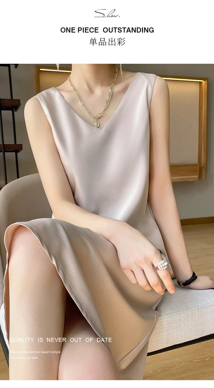 LHZSYY Silk Satin Front/Back V-neck Sling Dress Women's Sleeveless Waistcoat Top Spring Summer New Mulberry Silk Hip Long Skirts