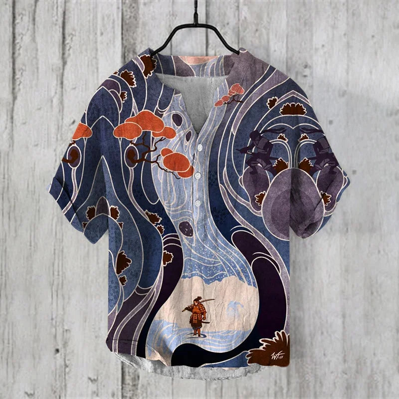 Hot sale Henry shirt 2025 summer men's casual short-sleeved T-shirt floral print top linen blend comfortable fabric XS-6XL size