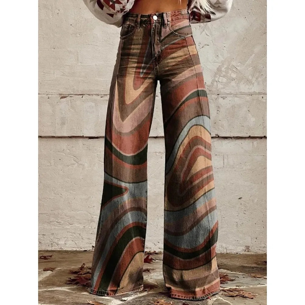 Pink Green Aztec Geometric Print High Waist Wide Leg Pants Cotton Casual Boho Trousers Vintage Women's Western Casual Trousers