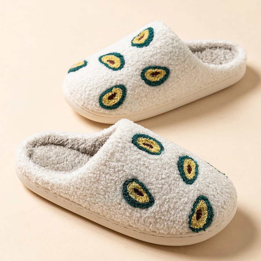 Cute Avocado Women Slippers Winter Warm Indoor Fruit Cartoon Funny Soft Non-slip Slipper Cherry Strawberry Comfy Cotton Shoes