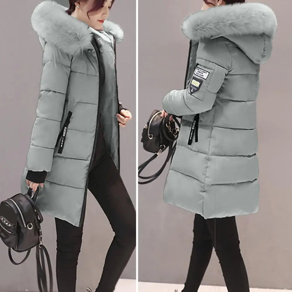 Fashion Women Winter Cotton Coat Parka Thickened Padded Stuffed Hooded Mid Length Warm Zip Up Slim Lady Down Coat Long Overcoat