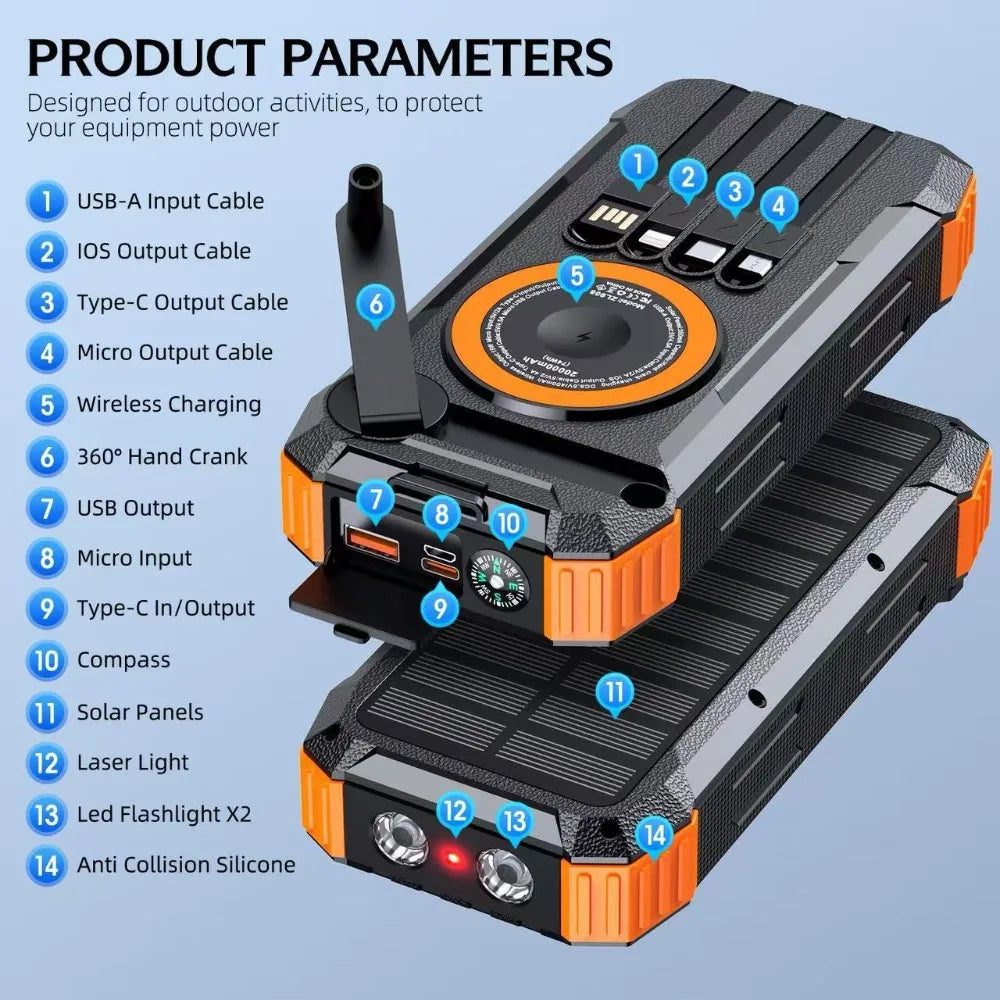 New 50000mAh Solar Power Bank Hand Crank Generator Portable Outdoor Emergency Charger with 4 Built-in Cables Dual LED Flashlight
