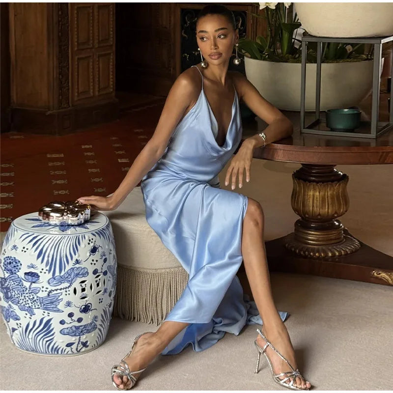Backless Women Dress Satin Spaghetti Strap Maxi Dresses Back Tail Cowl Drape Front Neck Side Split Hem Elegant Evening Bodycon