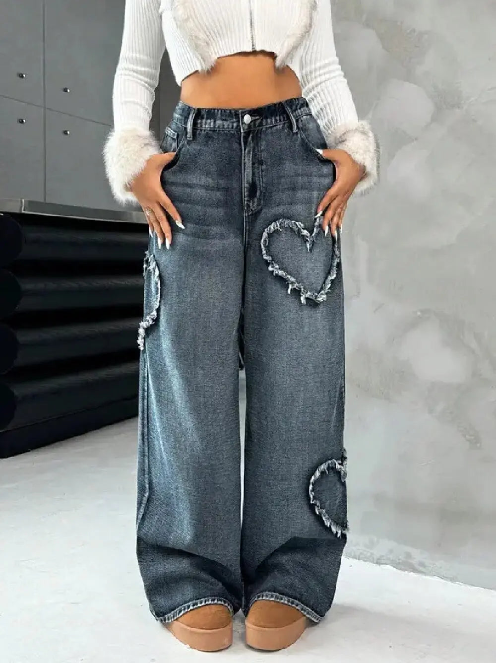 Women Retro Heart Raw Edge Spliced Jeans Heavy Washed Loose Straight Wide Leg Denim Pants Spring Autumn Casual Trousers