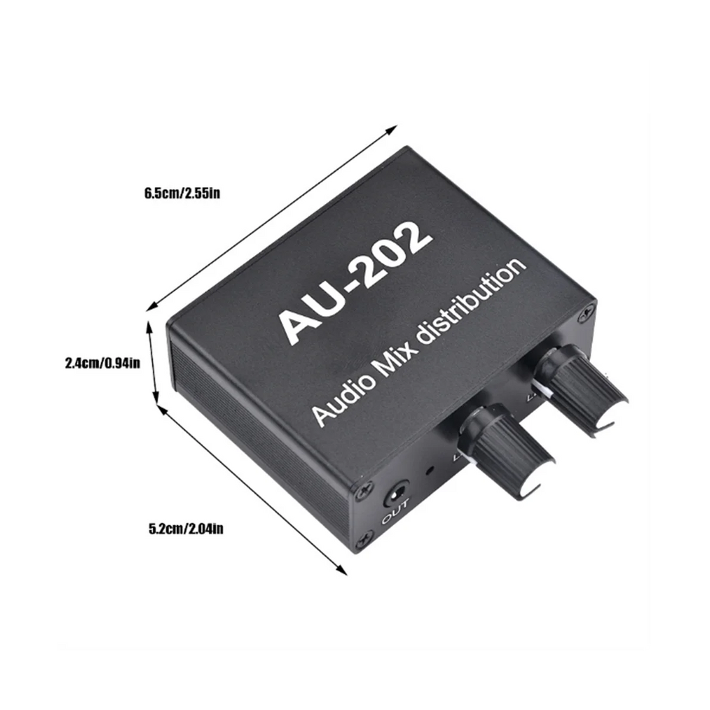 AU-202 2 Input 2 Output Stereo Mixer Audio Distributor for Headphone External Power AMP Volume Alone Control